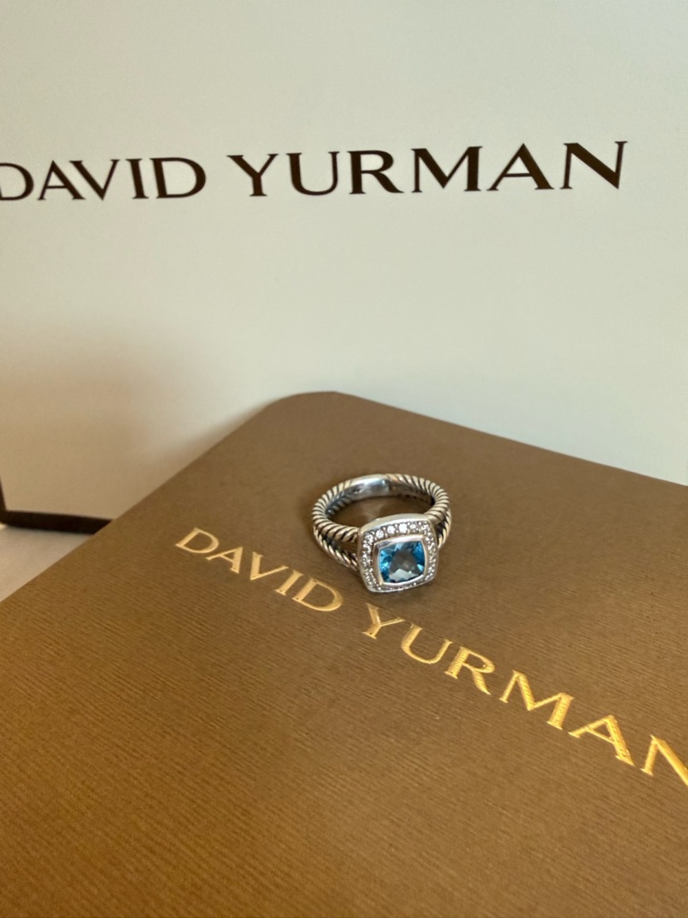 David Yurman Blue Topaz and Silver Cable Ring